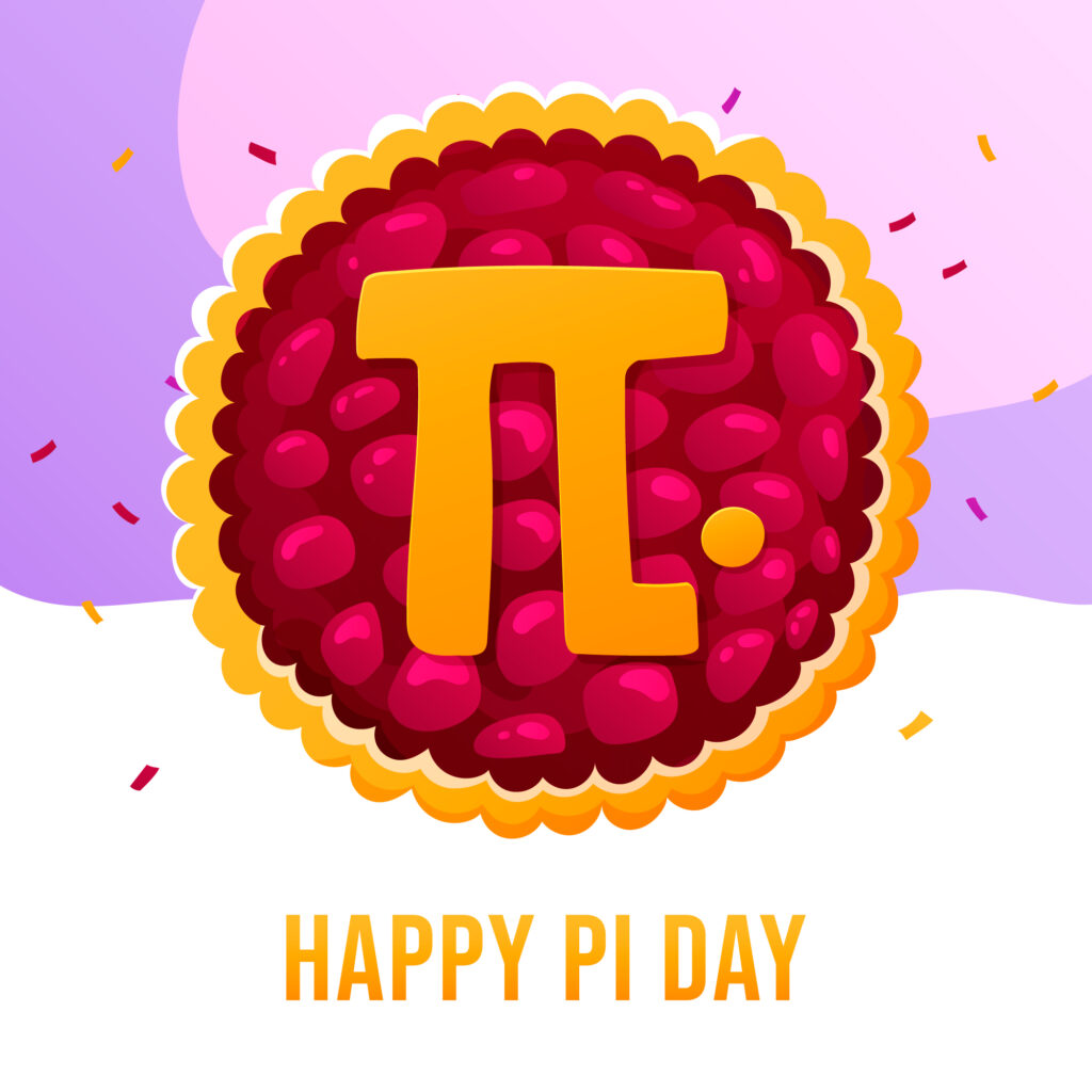 Red pie shown from above with a pi symbol in the center. "Happy Pi Day" image by Freepik